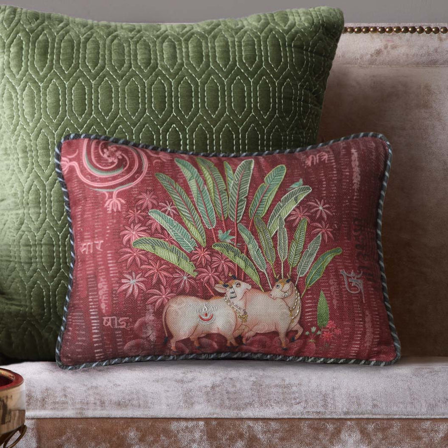 Palm Pichwai Embellished Cushion Cover - Burgundy Slim