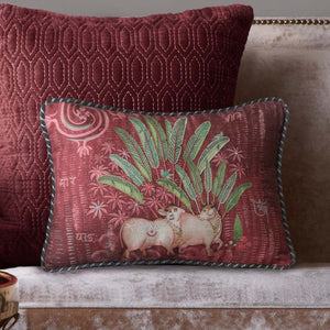 Palm Pichwai Embellished Cushion Cover - Burgundy Slim