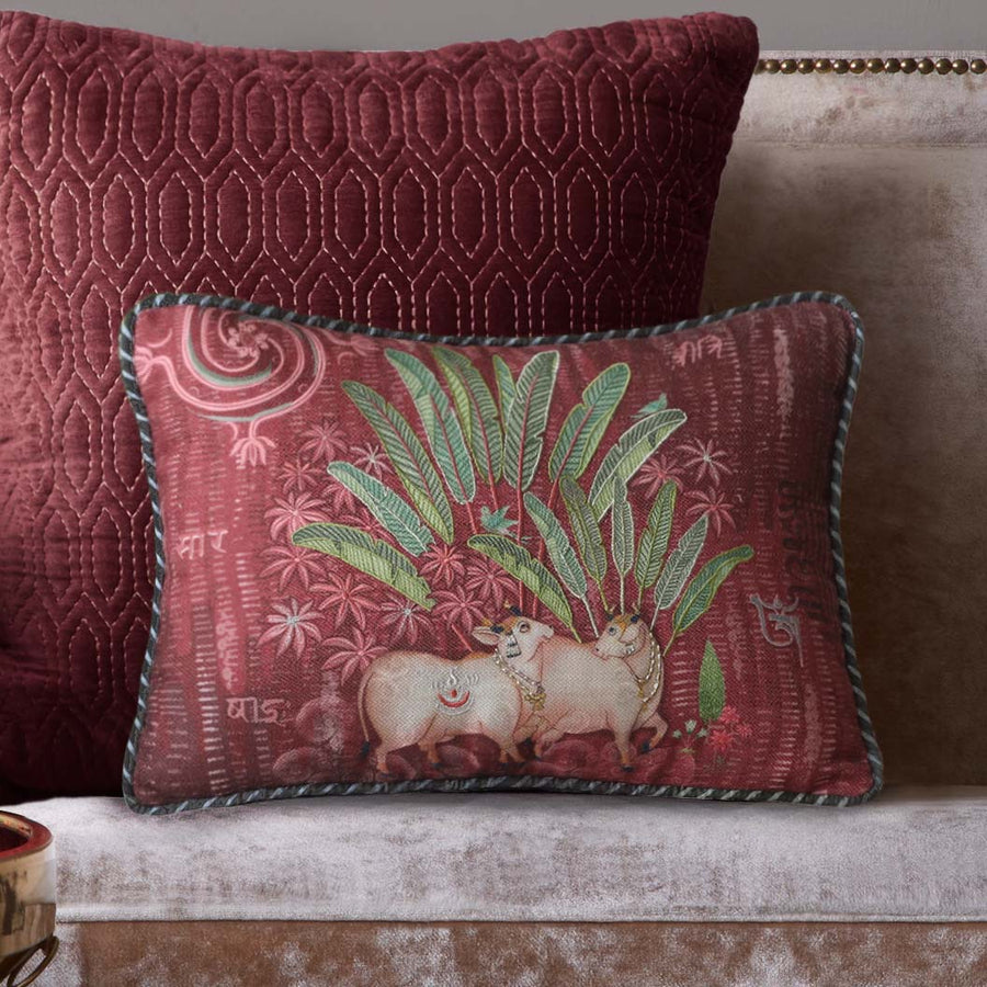 Palm Pichwai Embellished Cushion Cover - Burgundy Slim