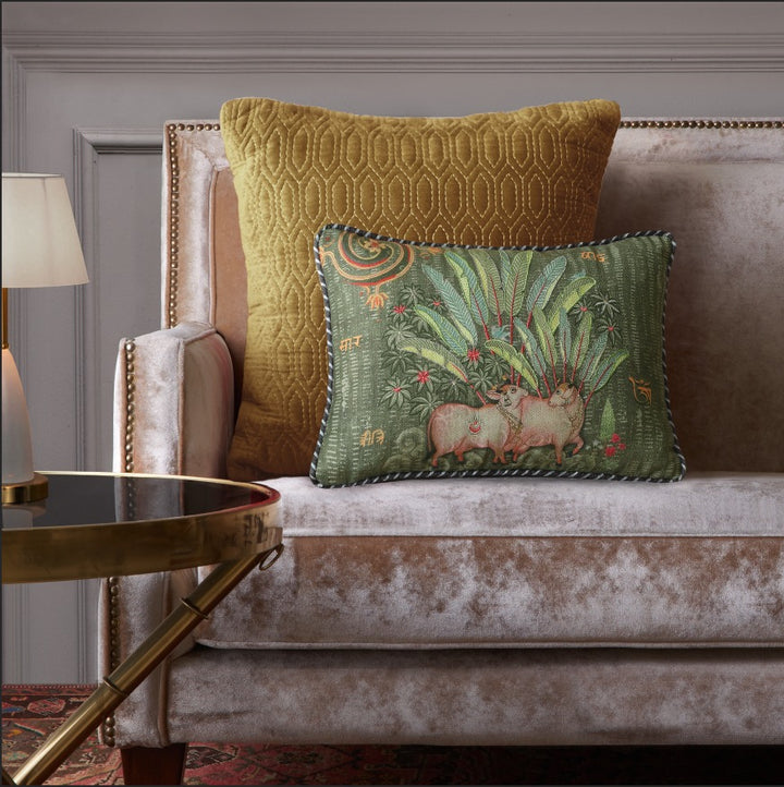 Palm Pichwai Embellished Cushion Cover - Green Slim