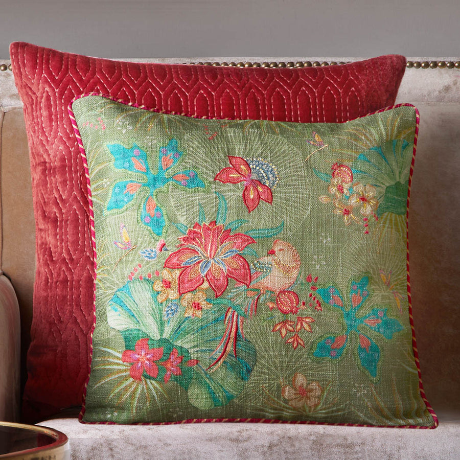 Pomegranate Garden Accent Embroidery Cushion - Green