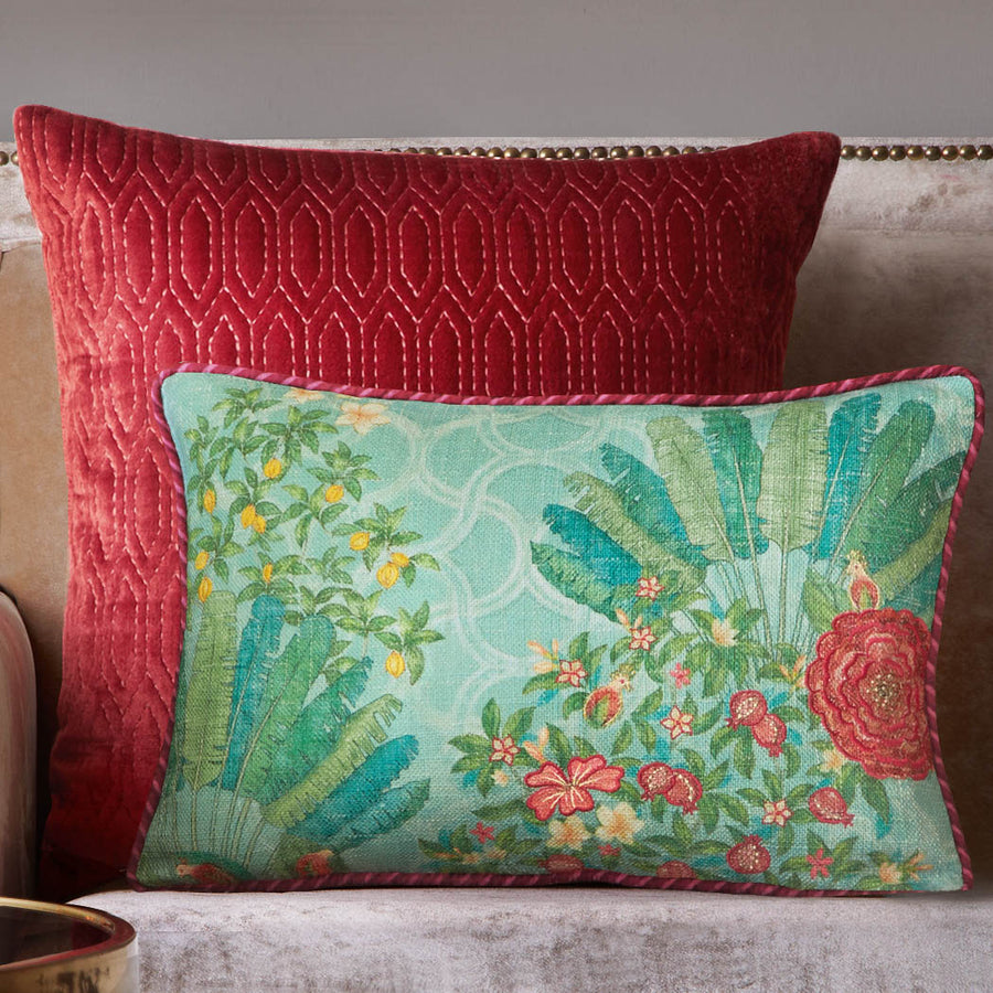 Pomegranate Palm Accent Embroidery Cushion - Blue Slim