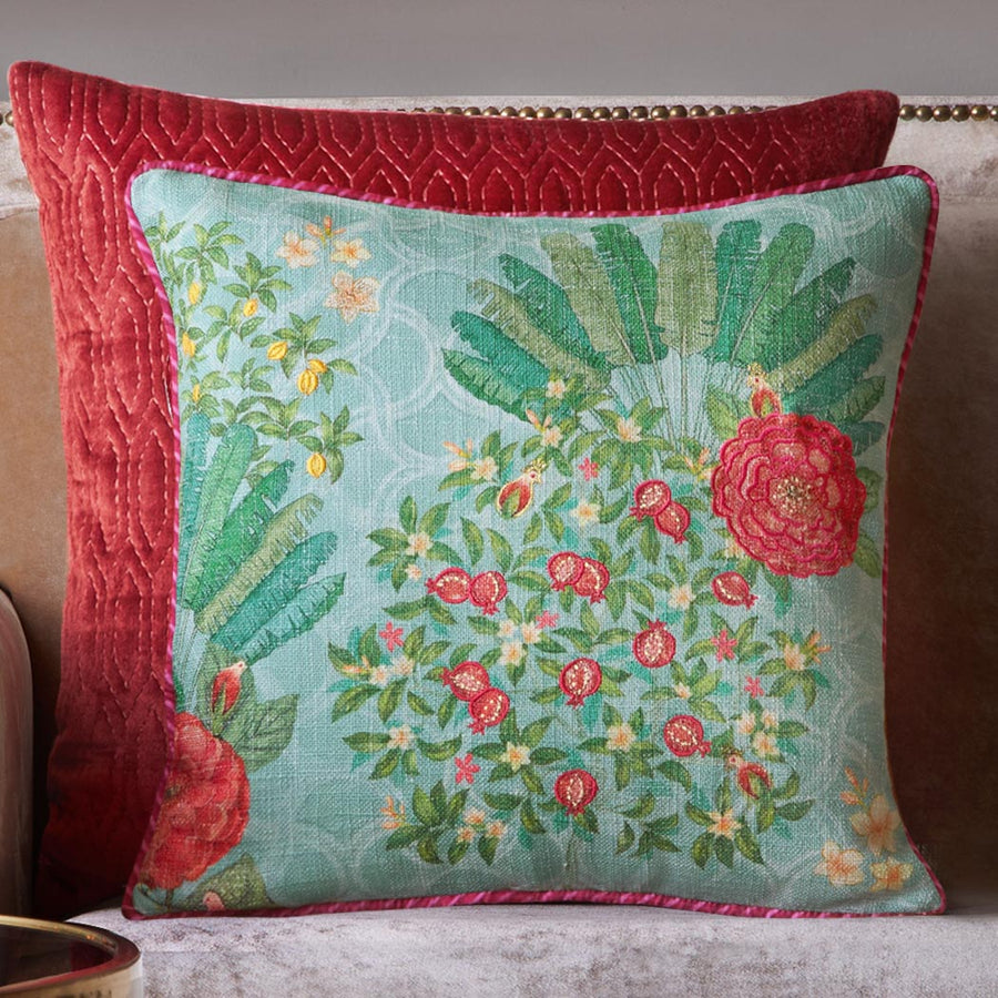 Pomegranate Palm Accent Embroidery Cushion - Blue