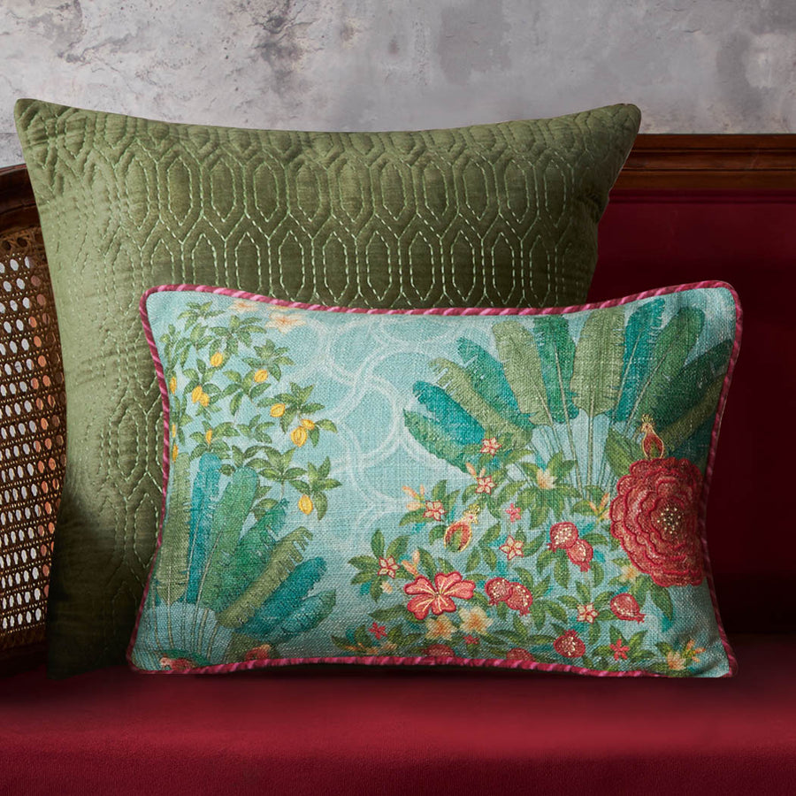 Pomegranate Palm Accent Embroidery Cushion - Blue Slim