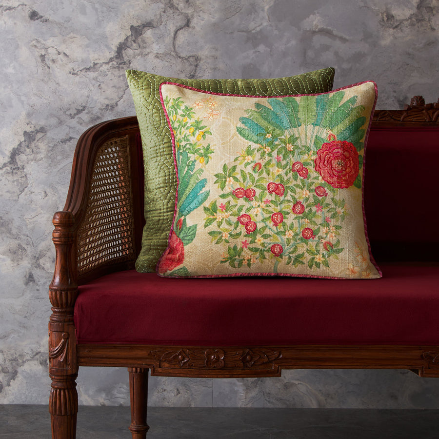 Pomegranate Palm Accent Embroidered Cushion - Cream