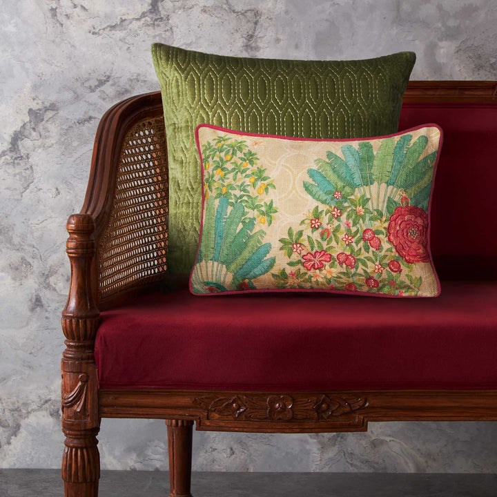 Pomegranate Palm Accent Embroidered Cushion - Cream Slim
