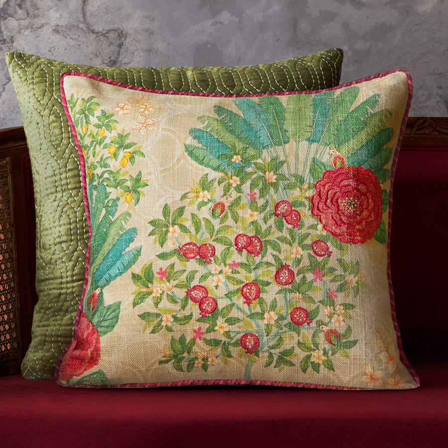 Pomegranate Palm Accent Embroidered Cushion Cvr - Cream