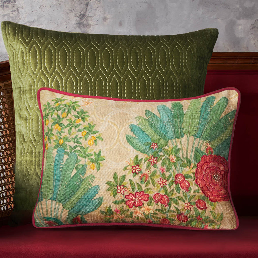 Pomegranate Palm Accent Embroidered Cushion - Cream Slim