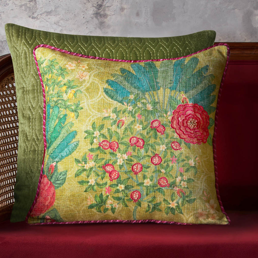 Pomegranate Palm Accent Embroidery Cushion - Green