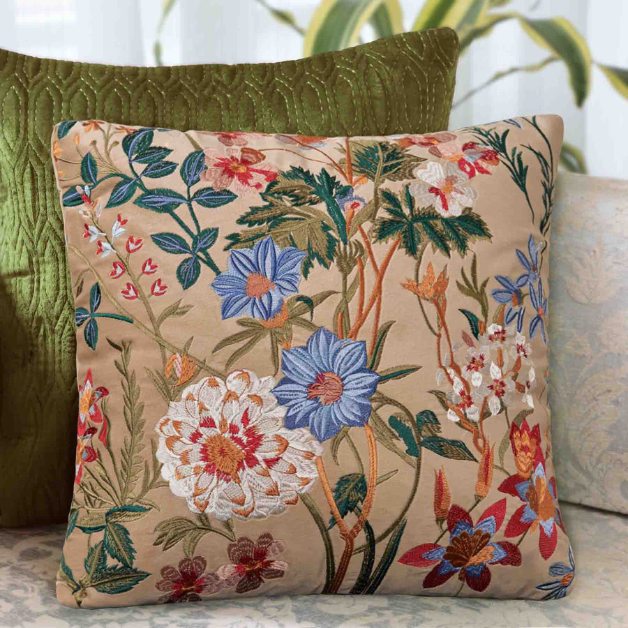 Bagh Floral Embroidered Cushion Cover - Beige
