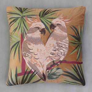 Bagh Parrot Embroidered Cushion Cover - Beige