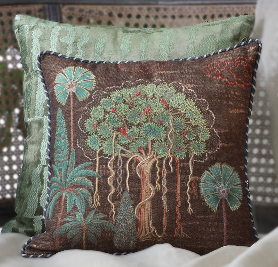 Banyan Tree Embellished Cushion Cover - Brown