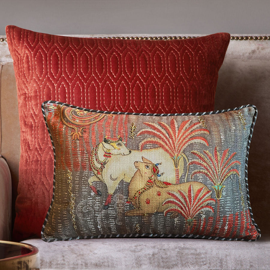 Tanjore Pichwai Embellished Cushion Cover - Palm Slim