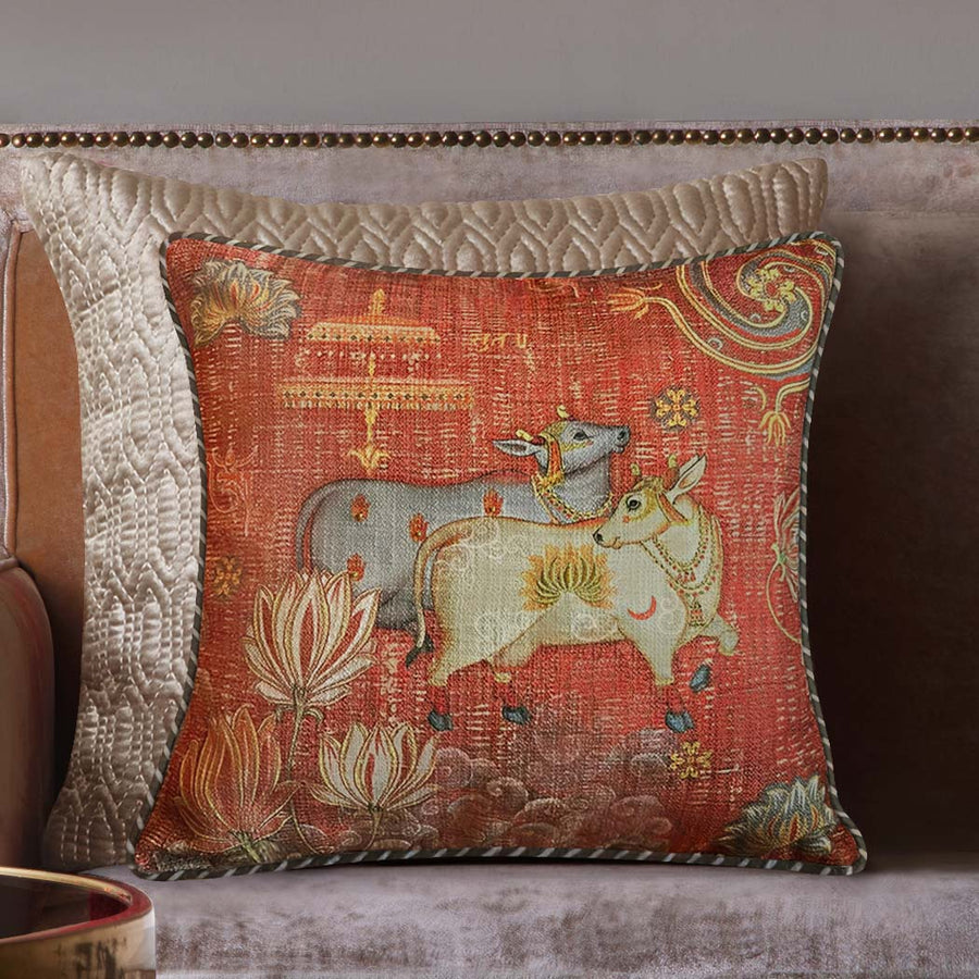 Tanjore Pichwai Embellished Cushion Cover - Rust