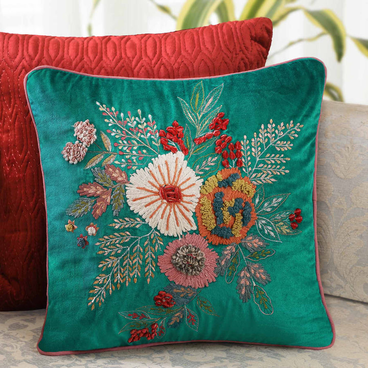 Seher Floral Embroidered Cushion Cover - Aqua