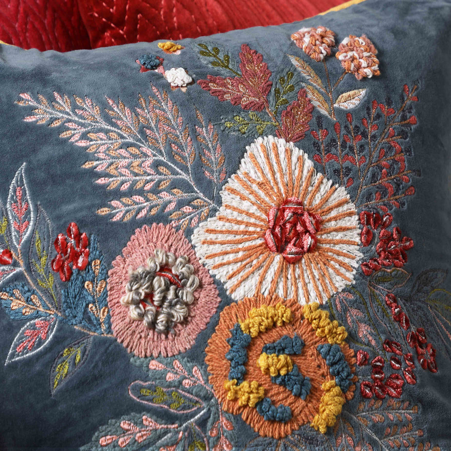 Seher Floral Embroidered Cushion Cover - Blue