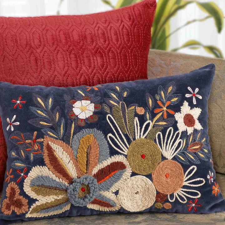 Seher Floral Embroidered Cushion Cover - Blue Lumbar